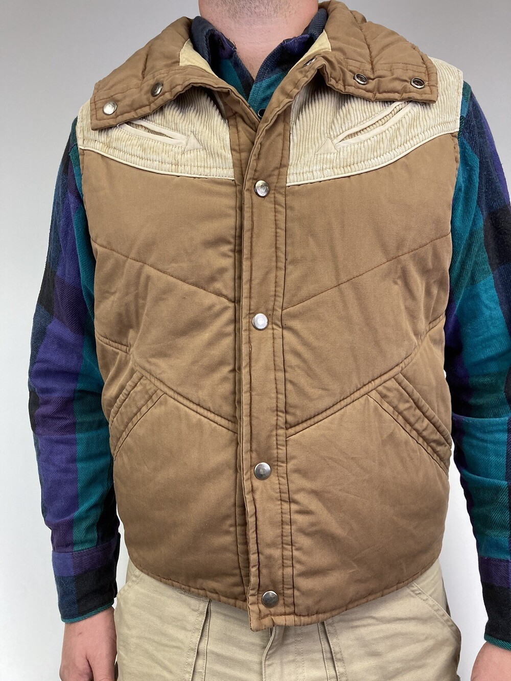 VTG Lrg Winter Puffer Coat Insulated Jacket Brown Tan Corduroy Vest Country Gorp